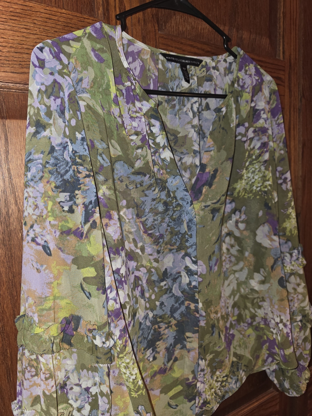 White House Black Market Olive, Lavender & Cream Floral Blouse